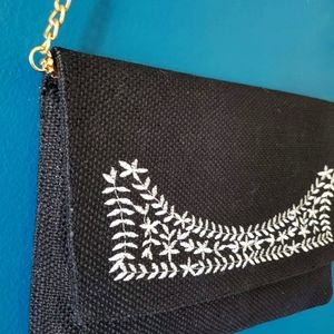 Jute Fabric Embroidered details Crossbody Handbag with Gold chain